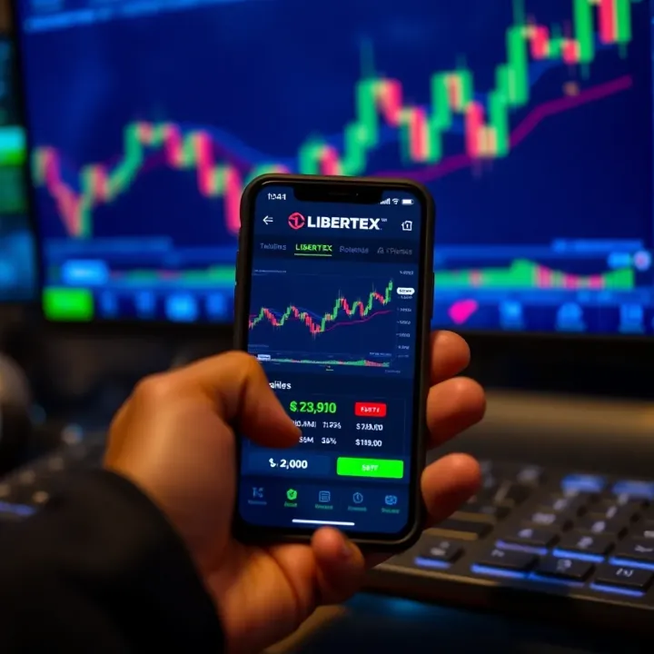 Mobile device displaying Libertex app with active trading graphs and navigation menu
