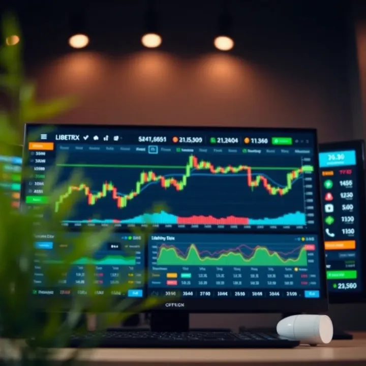 Screenshot showing Libertex trading platform interface with various financial charts and asset options