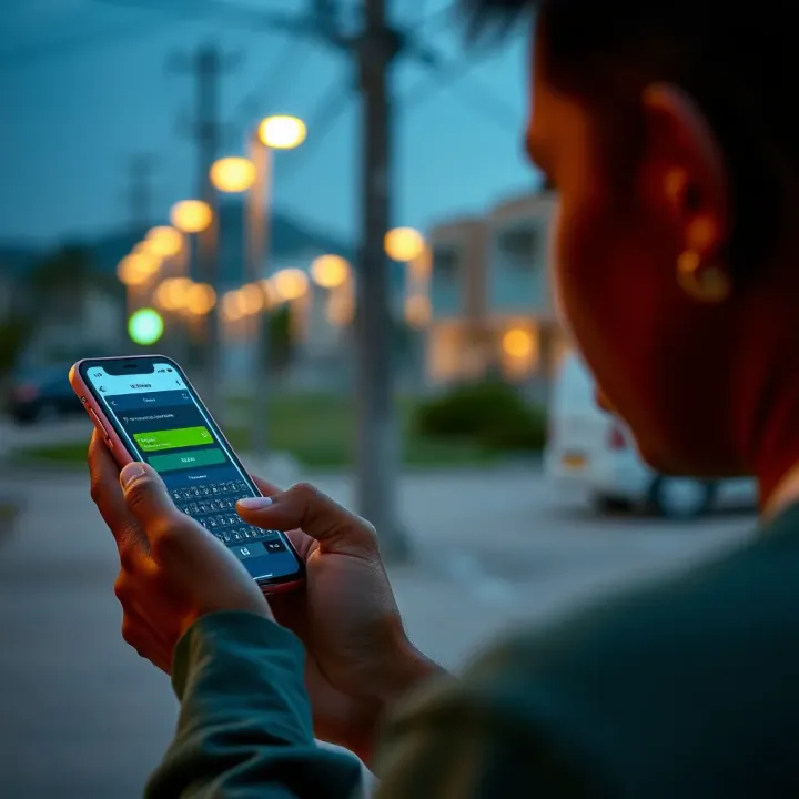 Illustration of a person using a mobile phone app to top up prepaid electricity