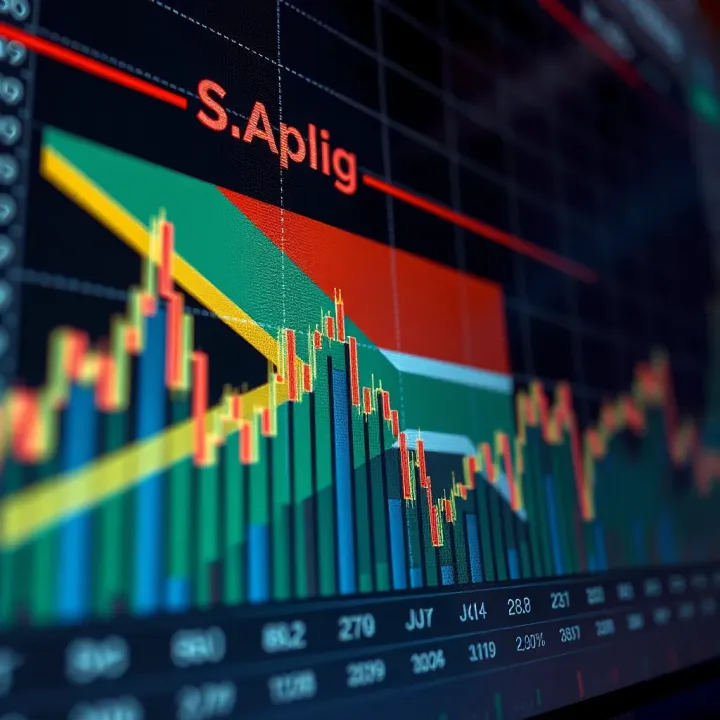 Graph showing currency exchange trends with South African flag overlay