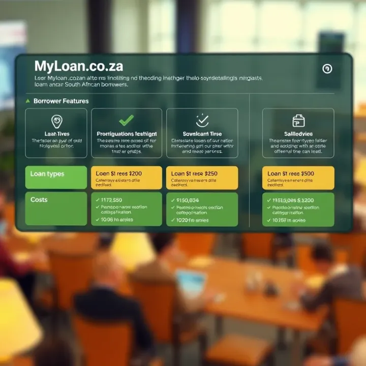 Graphic showing key features of MyLoan.co.za platform including loan types, costs, and user feedback