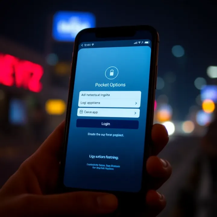 Mobile phone displaying Pocket Options app login page with security features