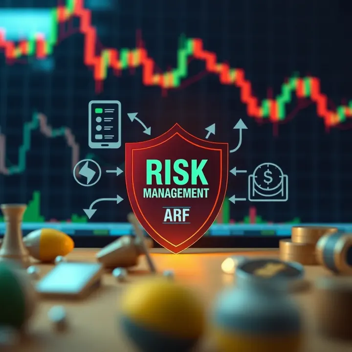 Illustration of risk management concepts with protective shield over financial symbols