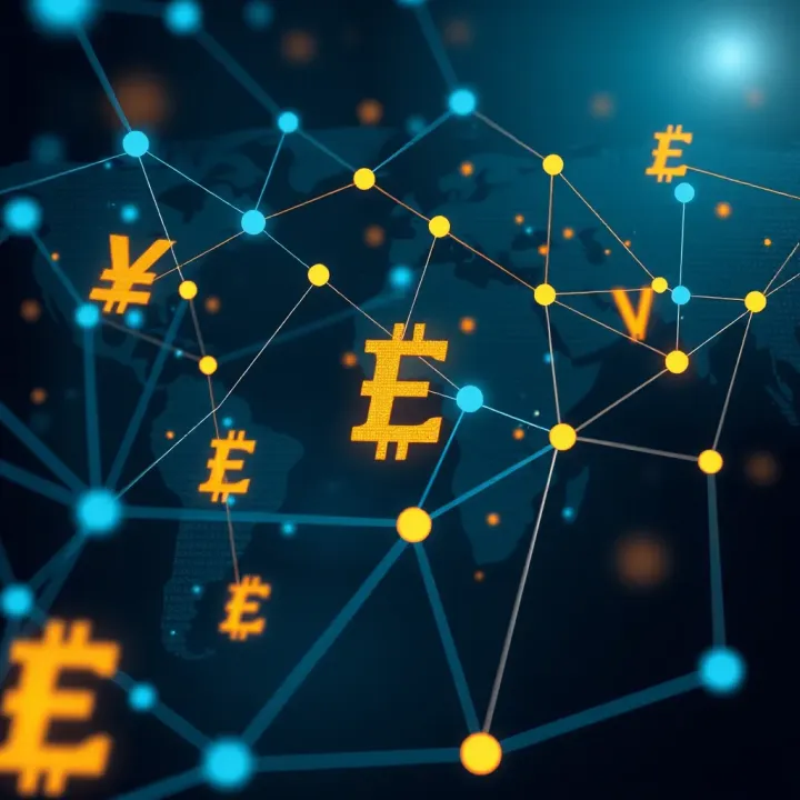 Global currency exchange symbols connected by digital lines representing international trading networks
