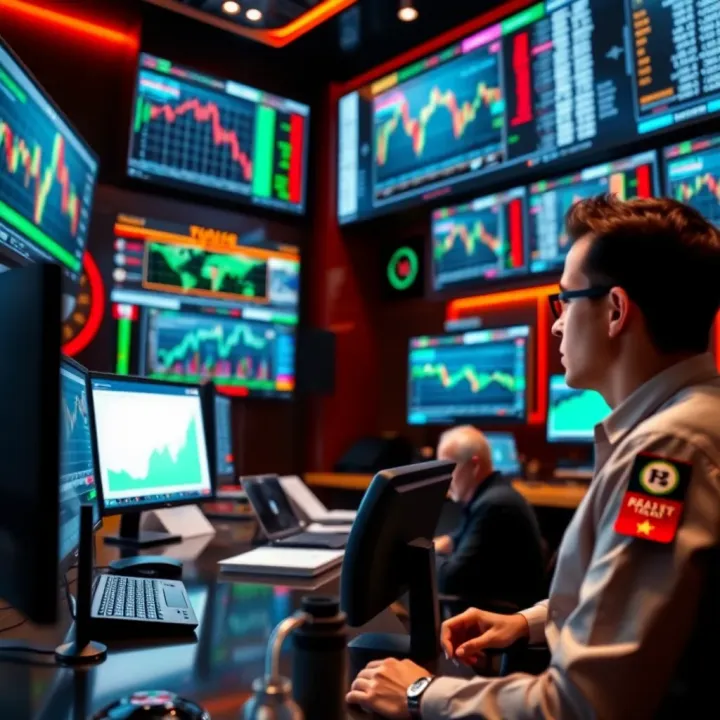 Luxurious office featuring multiple trading screens displaying stock charts and financial data
