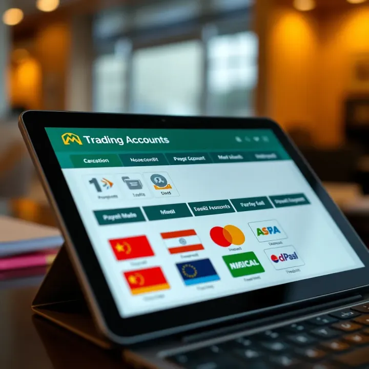 Illustration of different types of trading accounts shown on a tablet alongside various payment method icons