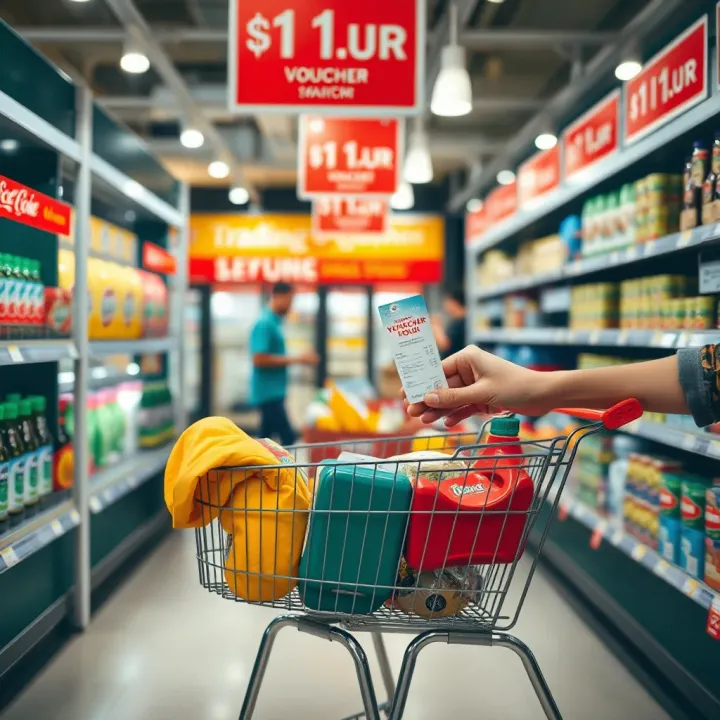 Shopping cart filled with products and a voucher being redeemed at a checkout counter in a retail store