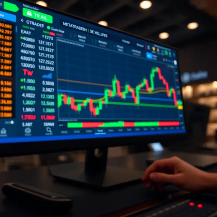 User interface showing MetaTrader 5 platform with various trading options and charts on the screen