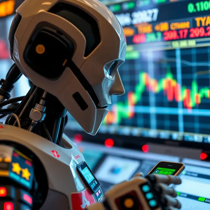 Visual representation of financial market trends with robotic systems influencing trading decisions
