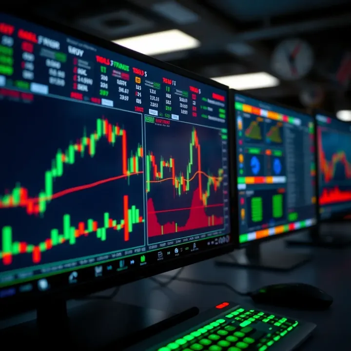 Graphical representation of binary options trading platforms with charts and digital interface
