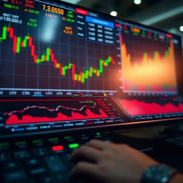 Illustration of digital trading dashboard with charts and market data visualization