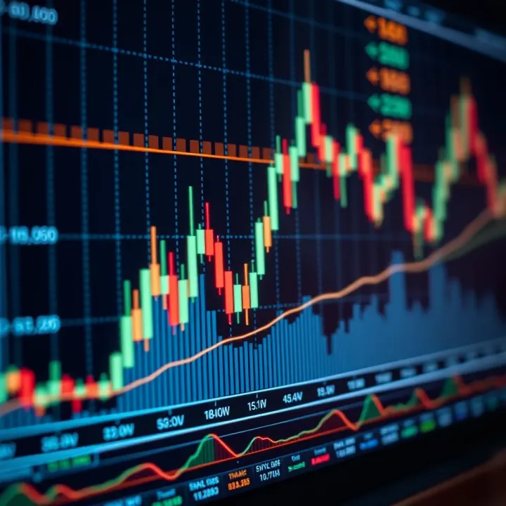 Graph depicting trend lines and candlestick patterns with digital indicators for market analysis