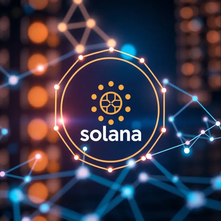 Conceptual illustration of blockchain technology with Solana logo and digital network connections