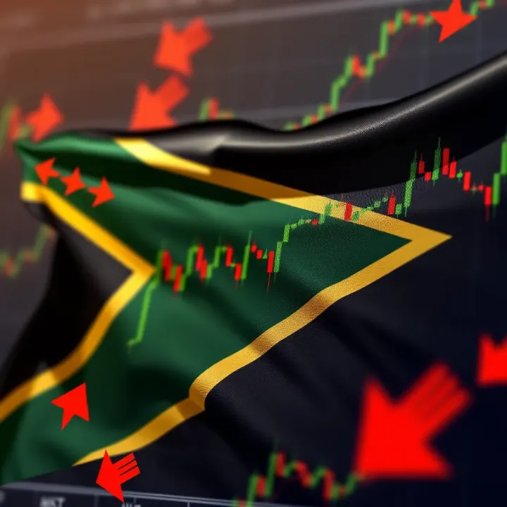 South African flag with financial charts and arrows symbolizing investment decisions and trading strategies