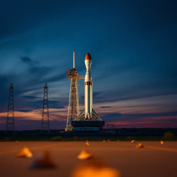 SpaceX Starship spacecraft standing on launch pad against twilight sky