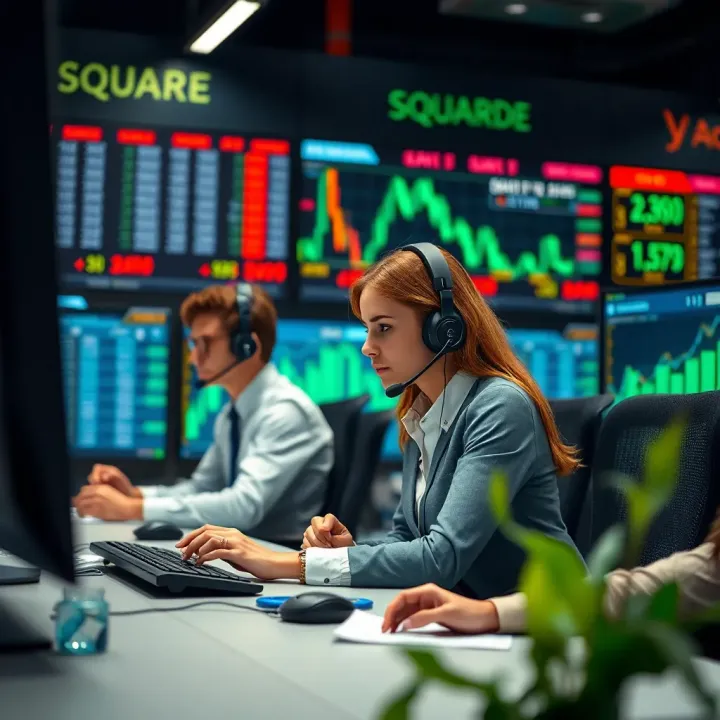 Customer support team providing assistance through call center with financial market screens in the background