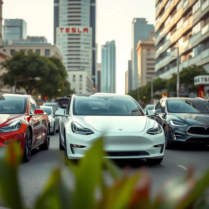 Tesla Electric Vehicle Range Displayed in City Environment Tesla electric vehicle lineup showcasing innovative design in an urban setting