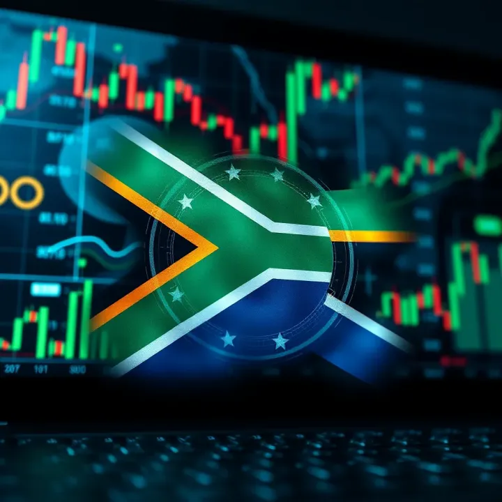 Integration of Automated Trading in South African Financial Markets South African flag overlaying abstract cryptocurrency and stock market graphics