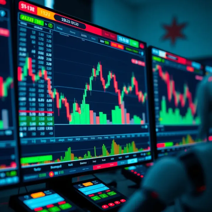 Automated Trading System Illustrating Binary Bots in Action Conceptual representation of automated trading system with digital financial charts and binary options symbols on screen
