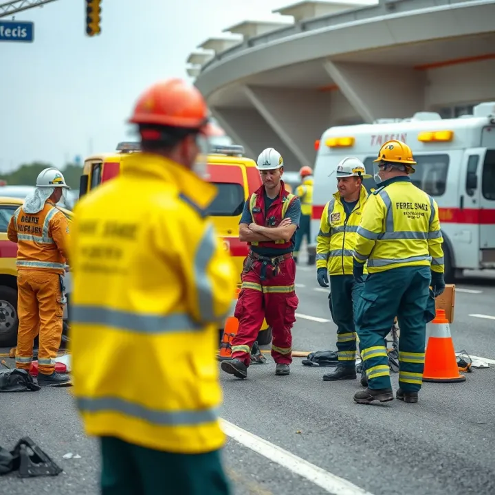 Emergency responders coordinating efforts to manage the aftermath of a significant crash incident