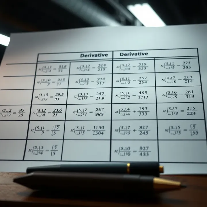 Chart illustrating derivative rules applied to different functions including polynomial and trigonometric types