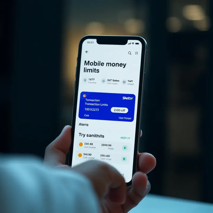 Illustration of mobile phone displaying mobile money app with transaction limits and notifications