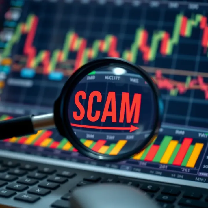 Identifying Potential Scams in Forex Trading Illustration of a magnifying glass examining forex trading charts for scam detection
