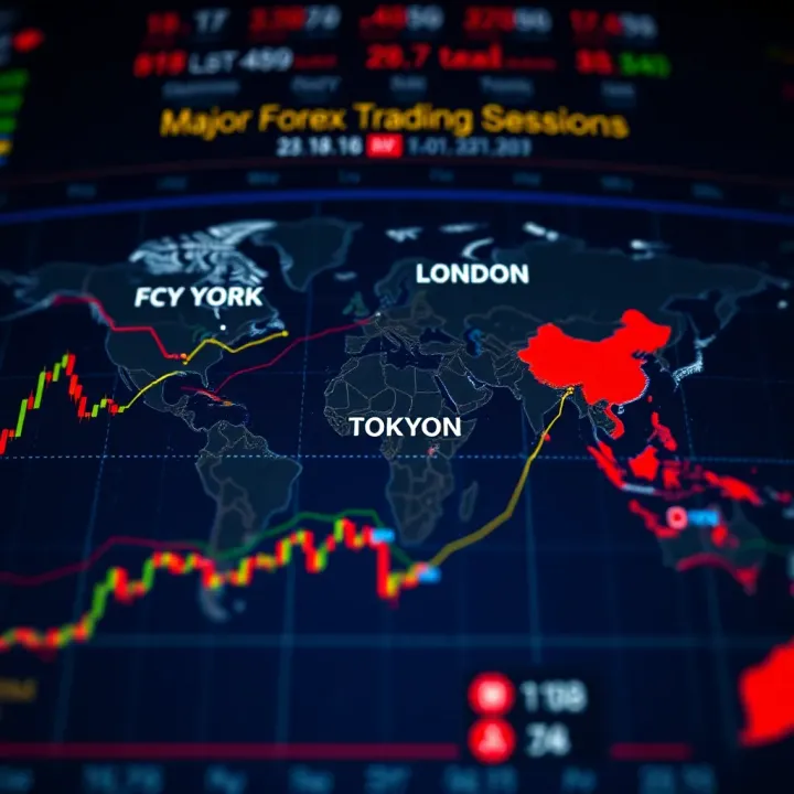 Global map highlighting major forex trading sessions in New York, London, and Tokyo