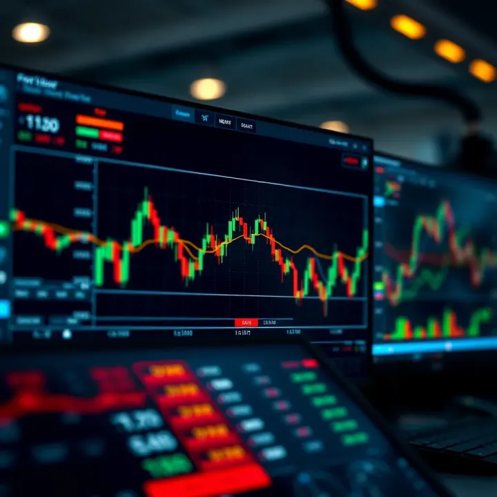 Graph illustrating forex trading trends and market fluctuations on digital screens