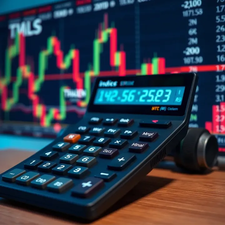 Calculator displaying index trading metrics with financial charts in the background