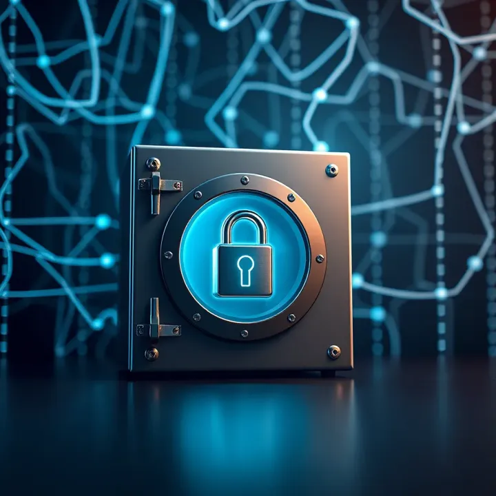 Digital vault representing secure storage of login credentials against a backdrop of a network