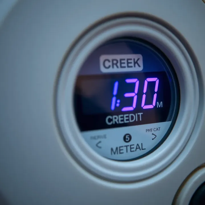 Close-up of a prepaid electricity meter display showing credit balance