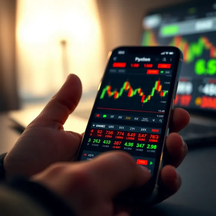 Mobile device displaying automated forex trading dashboard with graphs and currency exchange rates