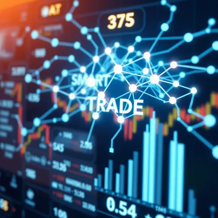 Digital interface displaying interconnected data points representing smart trade technologies and strategies