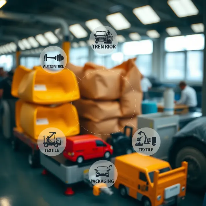 Diagram illustrating different applications of synthetic materials across industries like automotive, textile, and packaging