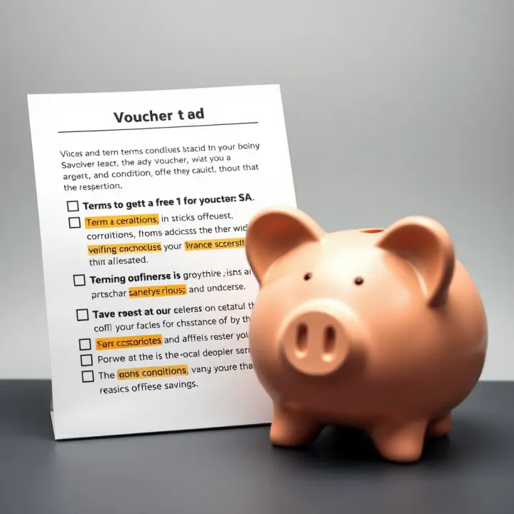 Graphic of a checklist with highlighted terms and conditions next to a piggy bank symbolizing savings